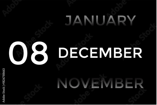 December 8 calendar with black background. A minimalist calendar template with well-structured date boxes and a sleek layout. This image is ideal for illustrating concepts such as time planning