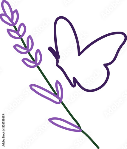 Lavender and Butterfly Line Art, Elegant Floral Botanical Illustration