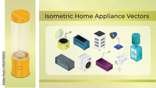 Isometric Home Appliances: Portable Blender, Rice Cooker, Toaster, Air Purifier, Desk Lamp. Water Dispenser, Microwave, Set Top TV Box, Washing Machine, Hand Mixer