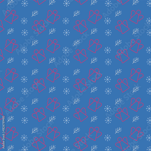 Christmas gift pattern, snowflake, angel, pine branch, spruce branch, festive wrapping presents background, winter holiday decoration design