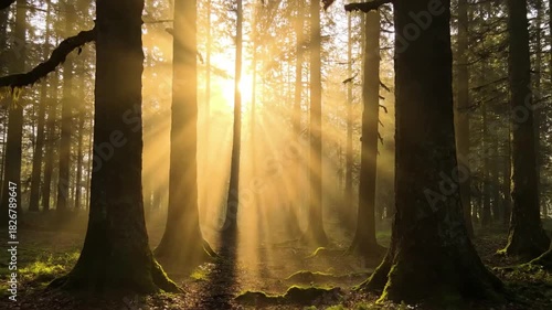 The interplay of light and shadow in a foggy woodland, with sunbeams creating dramatic volumetric light effects as they cut through the humid air among towering, gnarled trees.