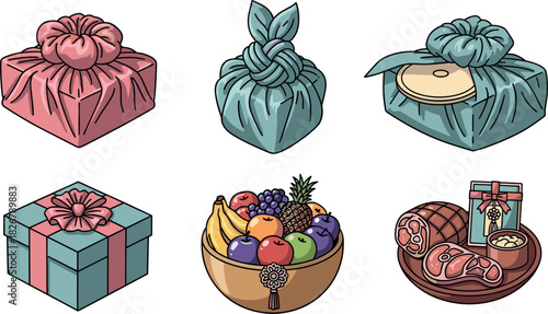 Korean Seollal Gift Wrapping and Food Icons