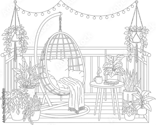 Cozy balcony with hanging chair plants and lights in a line art illustration