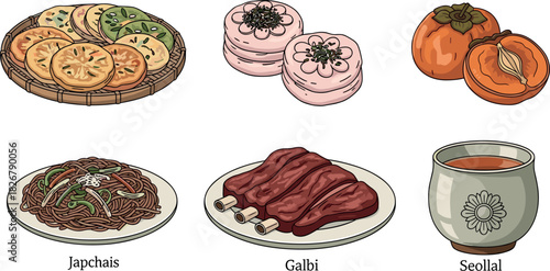 Korean Seollal Food Icons: Jeon, Dasik, Persimmon, Japchae, Galbi, Tea