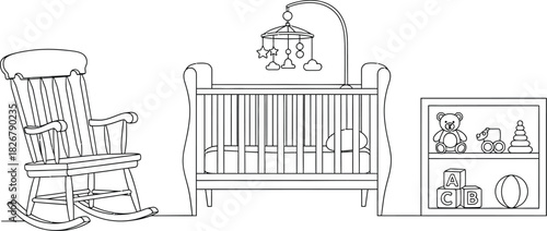 Nursery scene with crib rocking chair and toys in a line art illustration