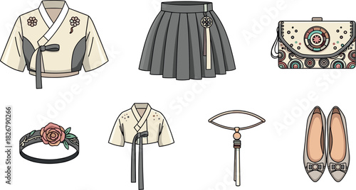 Korean Traditional Clothing and Accessories Set - Vector Art
