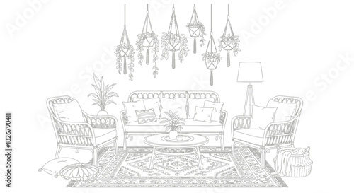Bohemian living room interior with rattan furniture and hanging plants drawing