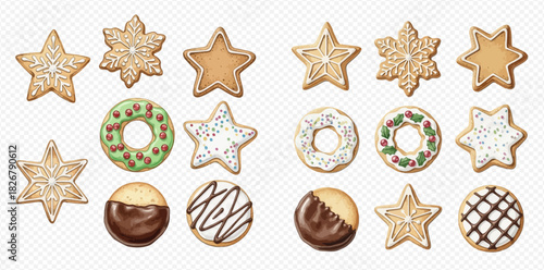 A collection of various festive holiday cookies, including star, snowflake, and ring shapes, some decorated with icing, sprinkles, or chocolate.