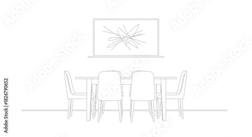 Minimalist dining room setup with abstract art in a clean line drawing style