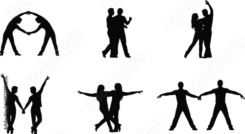 Dynamic silhouette couples dancing in expressive poses, showcasing artistic movement, unity, partnership, rhythm, balance and performance in black isolated figures