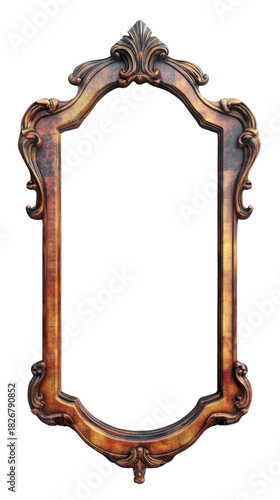 A vertical antique wooden frame with carved ornaments, isolated on a transparent background.
