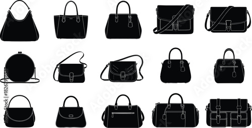 Elegant collection of assorted women’s handbag silhouettes featuring diverse styles, fashion accessories, purses, shoulder bags, and tote designs for branding