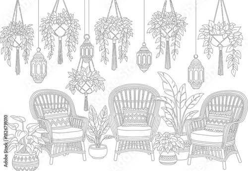 Wicker chairs and hanging plants create a relaxing bohemian indoor scene design