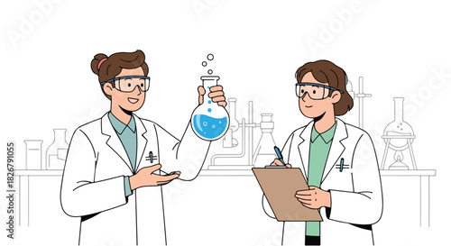 Two scientists in a laboratory setting, one holding a flask of blue liquid and the other taking notes, illustrating scientific research and development