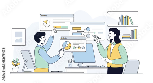 Two professionals collaborating on a business strategy, analyzing data and charts on computer screens in a modern office setting, flat 2d illustration
