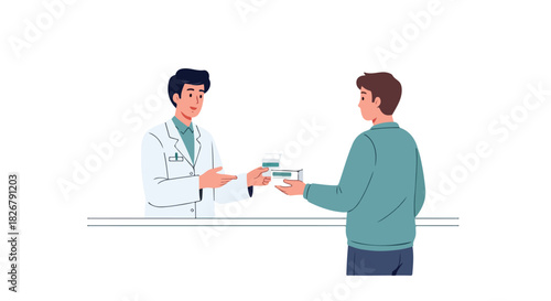 Illustration of a pharmacist handing medication to a customer at a pharmacy counter, symbolizing healthcare and prescription services