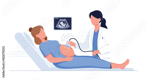 Professional illustration of a pregnant woman undergoing an ultrasound examination, depicting a doctor performing the scan and the baby's image on screen