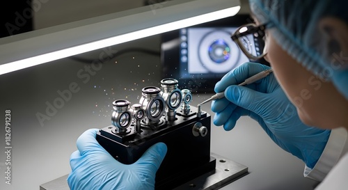 Person in lab coat assembling optical components with tweezers under bright light on a workbench