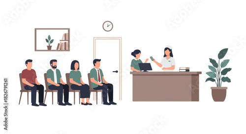 Illustration of diverse people waiting in line at a reception desk in a clinic or hospital, getting medical services and attention