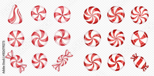 A collection of various red and white striped candies, including round peppermint swirls, a striped kiss, and wrapped sweets, on a transparent background.