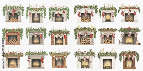 Collection of festive Christmas fireplaces with garlands, stockings, and glowing fires, perfect for holiday decor.
