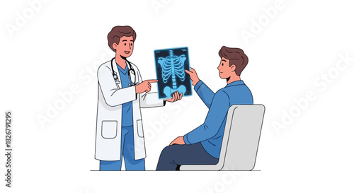 Doctor showing X-ray scan to a patient in a clinic, Medical consultation with expert review of radiology results for diagnosis and treatment planning in a healthcare setting