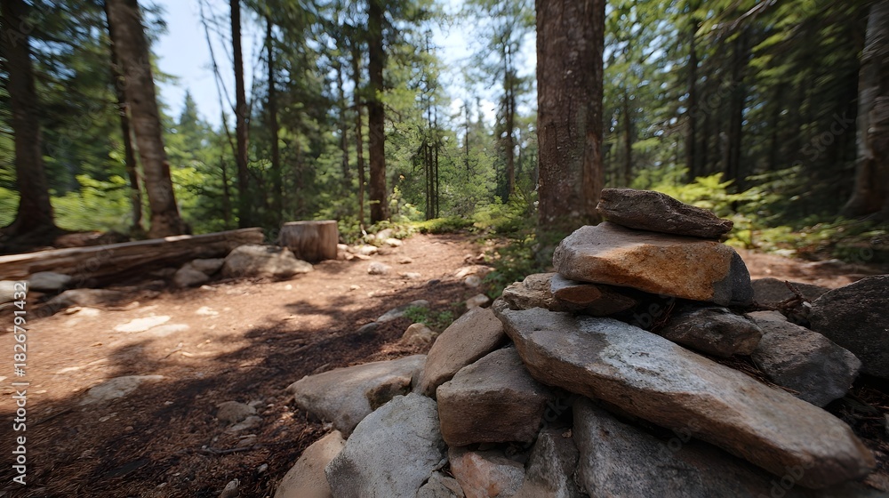 Fototapeta premium A sunlit forest trail winds through dense trees with a rustic stone cairn marking the path ahead