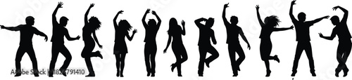 Energetic group of dancing people silhouettes celebrating movement, joyful party crowd dancing together, active dancers expressing happiness, unity, rhythm, excitement, celebration