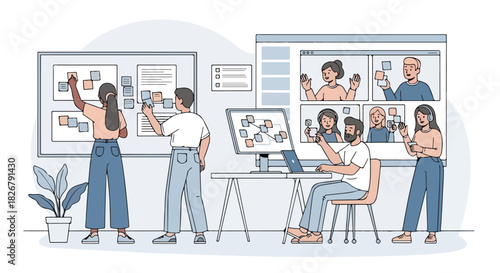 Agile team working on a Kanban board and having a video conference call, representing teamwork and project management in a modern office setting