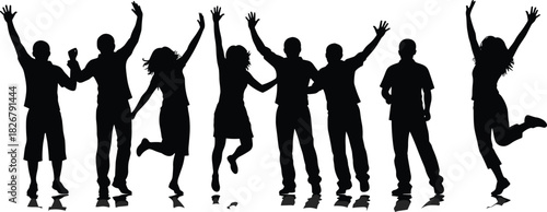 Energetic group of young people celebrating together in joyful silhouettes, jumping with raised hands, expressing happiness, freedom, teamwork, unity, and positivity outdoors