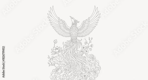 Elegant phoenix illustration with floral elements ready for coloring or design use