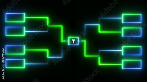 Animation of neon glowing team Tournament bracket templates isolated on black background. Championship bracket schedule for soccer, football, basketball, baseball or tennis.