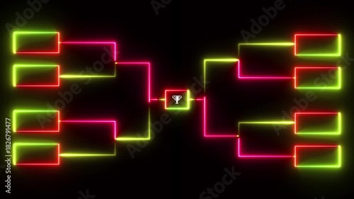 Animation of neon glowing team Tournament bracket templates isolated on black background. Championship bracket schedule for soccer, football, basketball, baseball or tennis.