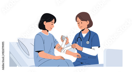 A Caring Nurse Applying a Bandage to a Patient's Arm in a Medical Setting, Healthcare Assistance Concept, Flat 2D Illustration