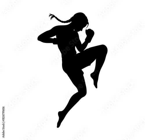 Muay thai fighter silhouette in action with knee strike technique