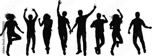 Energetic group of young people jumping in celebration, expressing joy, freedom, happiness, movement, unity, teamwork, positive energy, dynamic silhouettes together