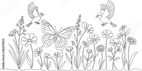Delicate line art of birds and butterfly among wildflowers in a spring meadow
