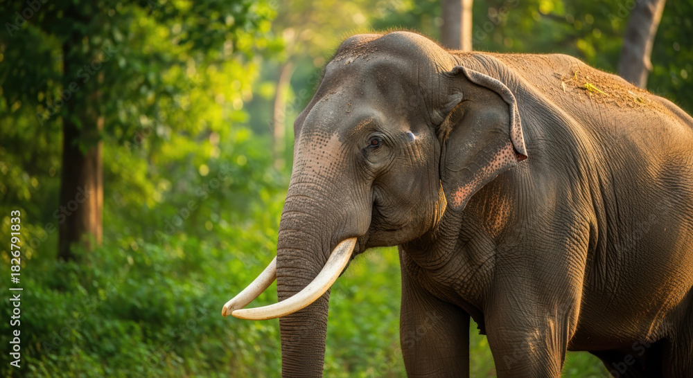 Fototapeta premium Majestic Indian Elephant with Impressive Tusks, Bathed in Golden Sunlight, Standing Serenely in a Lush Green Forest Environment