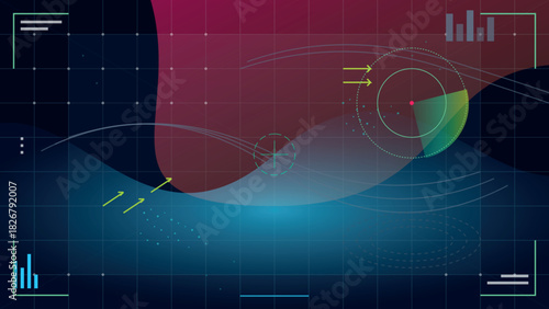 Abstract dark background with futuristic heads-up display and data visualization graphics