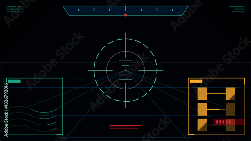 Futuristic heads-up display interface with targeting reticle and data panels