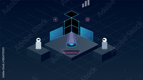 Abstract figures connecting to a central data hub on a dark futuristic isometric grid