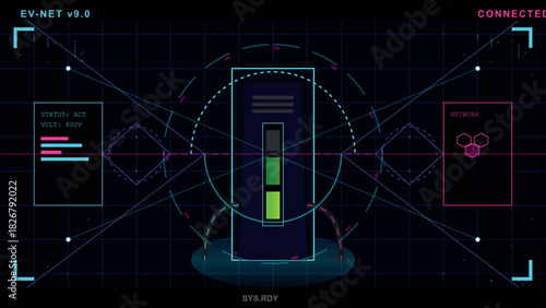 Futuristic digital interface screen showing electric vehicle charging status and network data