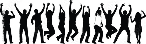 Energetic group silhouette jumping together in celebration, expressing joy, teamwork, unity, success, motivation, happiness, freedom, positive lifestyle, dynamic movement