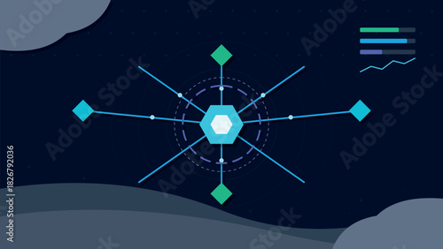 Abstract dark background with connected geometric shapes for data network visualization