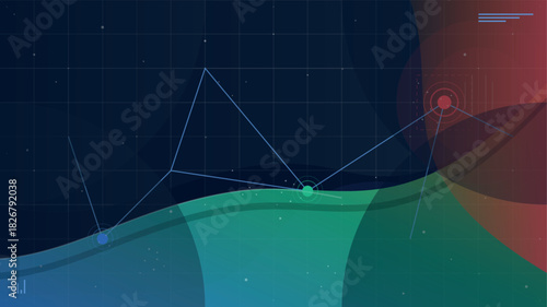 Futuristic abstract background with complex data visualization network graph and colorful geometric waves