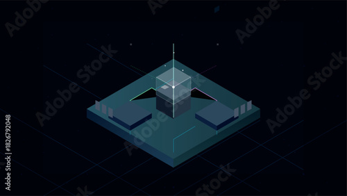 Abstract isometric dark technology platform with central glowing cube structure for data processing