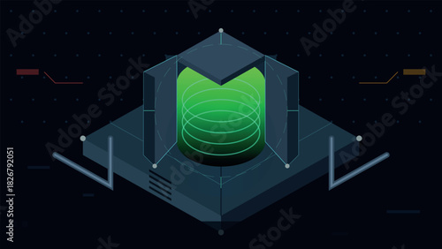 Isometric futuristic data core or server unit glowing with green energy on dark background