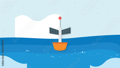 Marine navigational buoy equipped with solar panels floating in the open sea