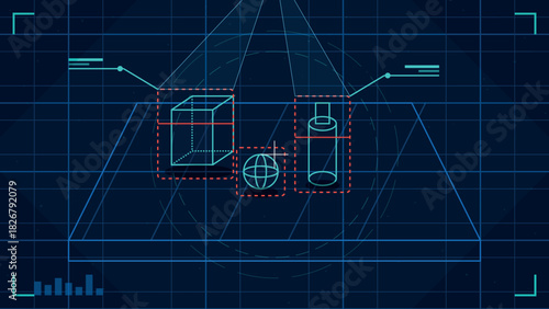 Futuristic technical blueprint display with geometric shapes and spatial analysis on a dark grid
