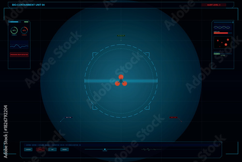 Futuristic bio-containment unit interface showing alert status and pressure drop warning